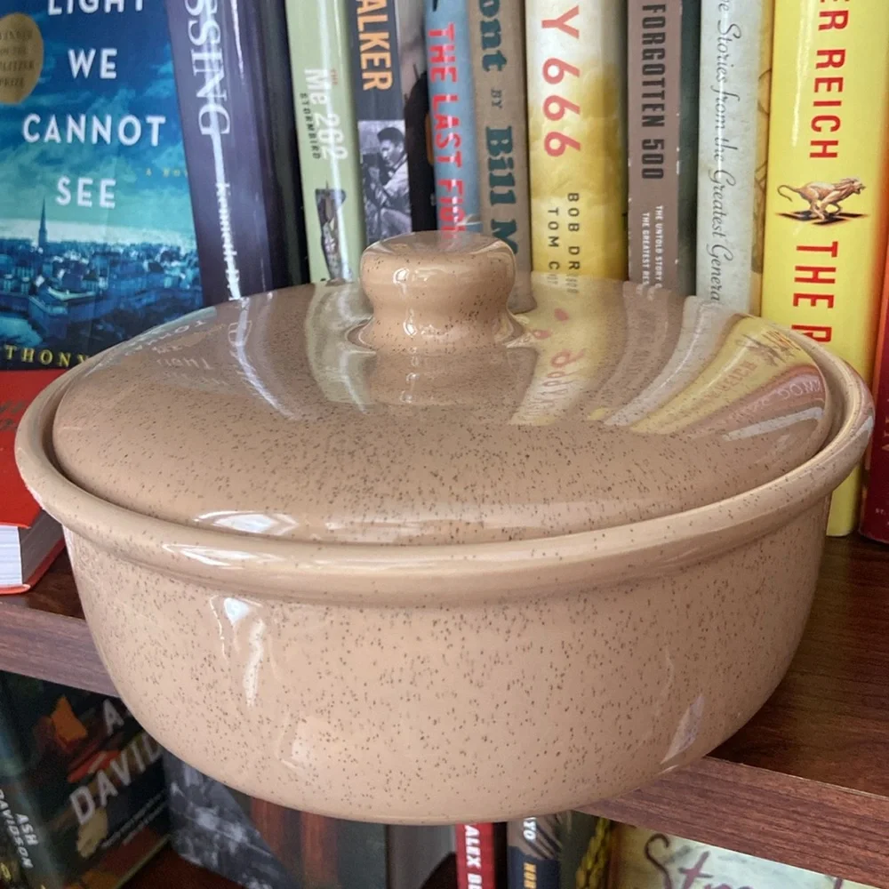 Bauer Pottery Monterey Moderne Speckled Vintage Lidded Crock Casserole Dish Cove